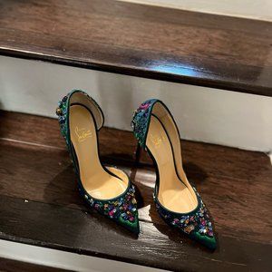 Christian Louboutin Emeral Green Satin Stoned Pumps